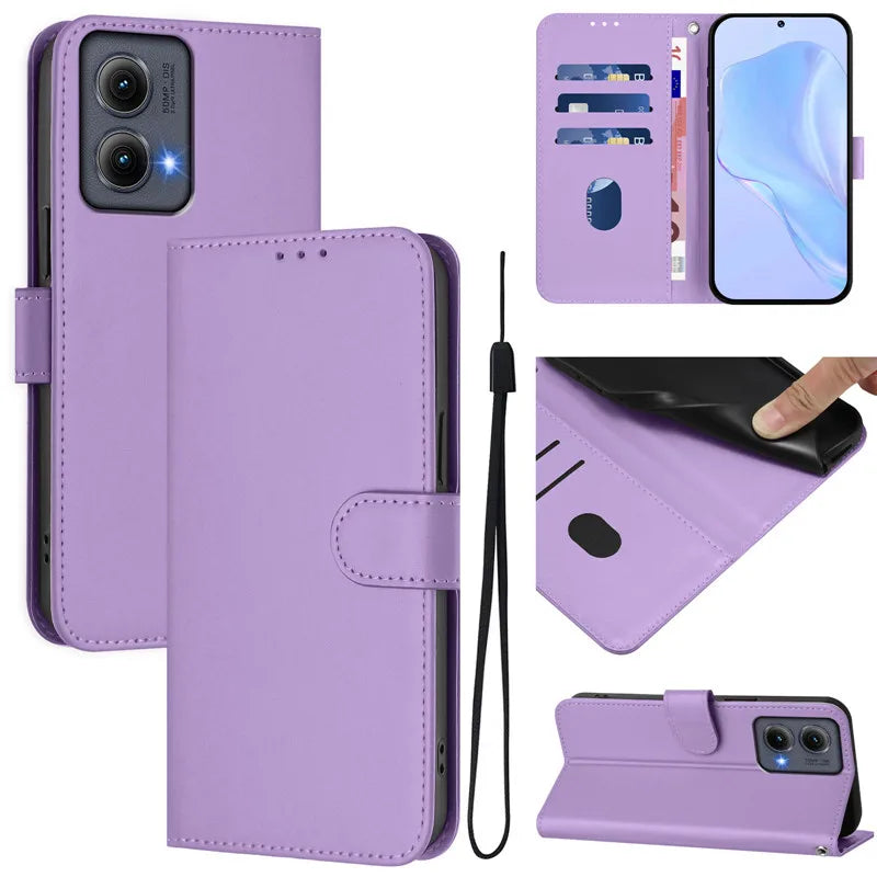 A purple leather-style wallet phone case with multiple card slots, a cash pocket, a magnetic closure, a wrist strap, and a kickstand function, designed for a smartphone with a dual-camera system.