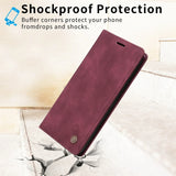 A purple leather wallet case with a white background