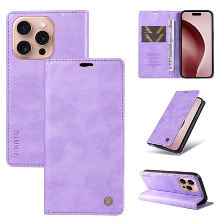 A purple leather wallet phone case designed for an iPhone, featuring card slots, a cash pocket, and a magnetic closure.