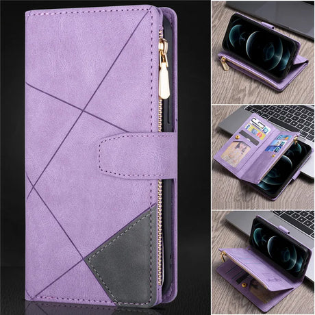 Purple leather wallet-style phone case with geometric stitching and a zippered compartment.