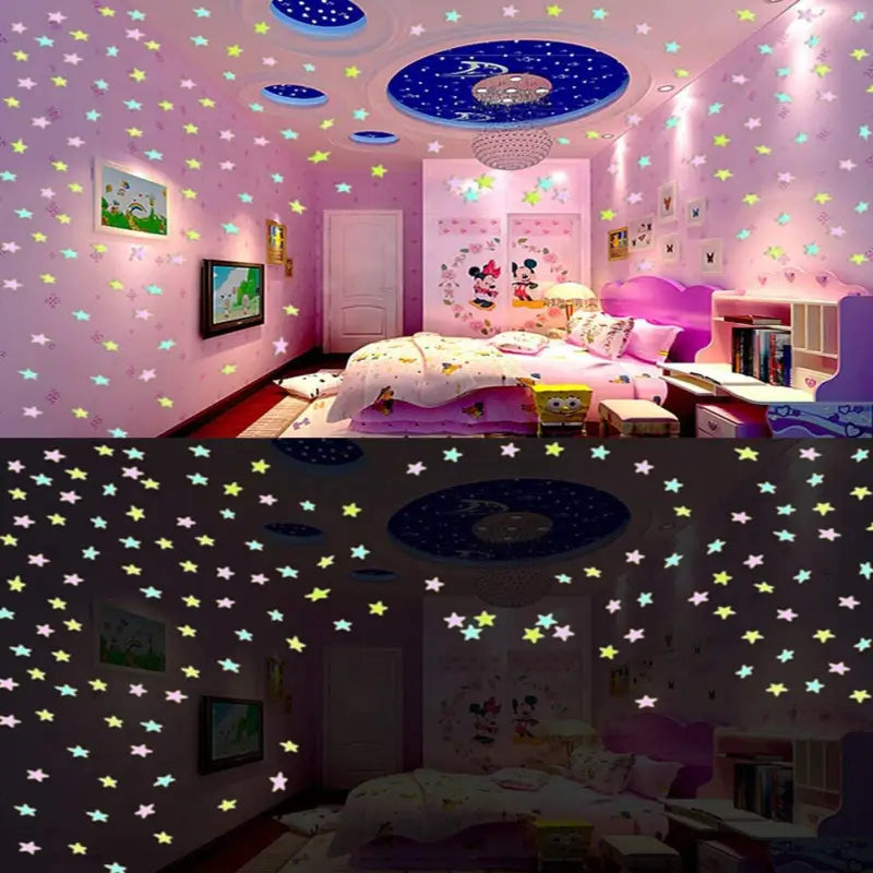 a room with a bed and a ceiling with stars