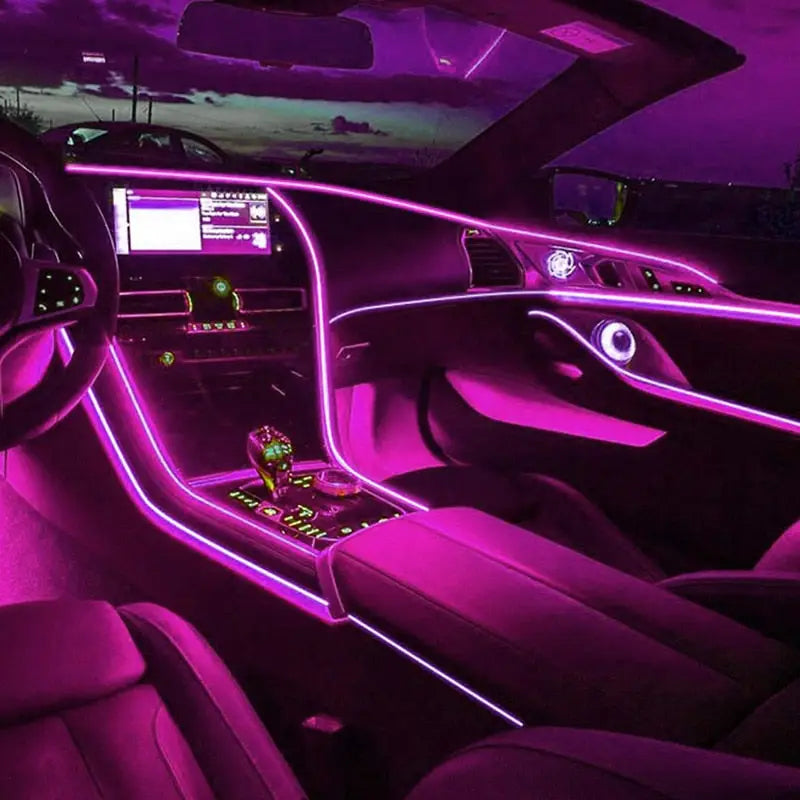 a car with purple lights in the interior