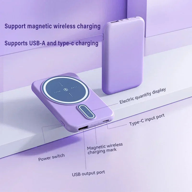a purple phone with a charging cable attached to it