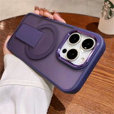 Purple phone case with camera lens protection and kickstand.