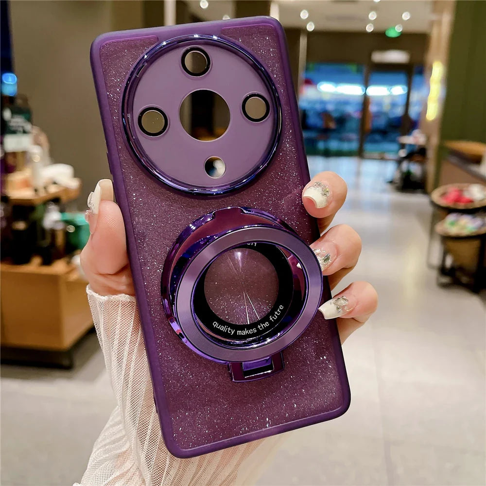 a purple phone case with a circular mirror