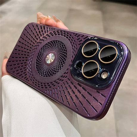 Purple phone case with circular design.