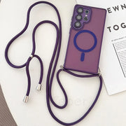 Purple phone case with crossbody strap.