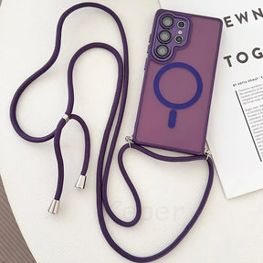 Purple phone case with crossbody strap.