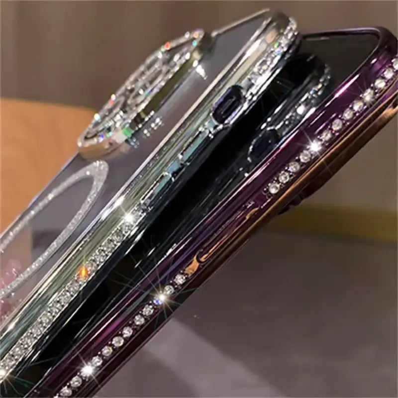 a purple phone case with diamonds on it