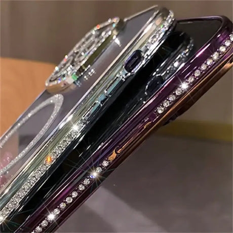 A purple phone case with diamonds on it