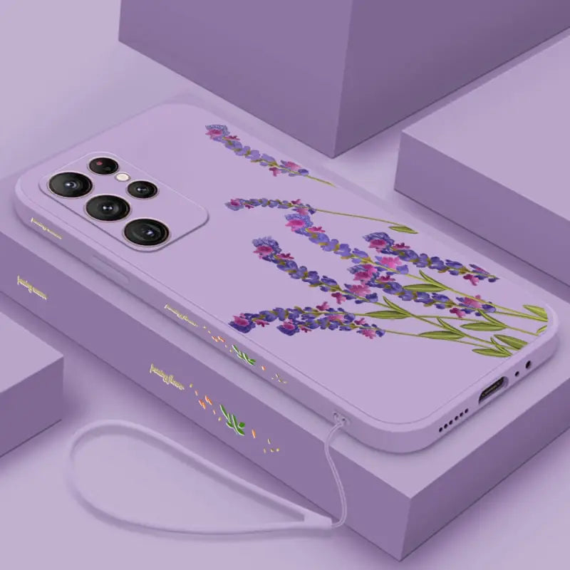 a purple phone case with a floral design