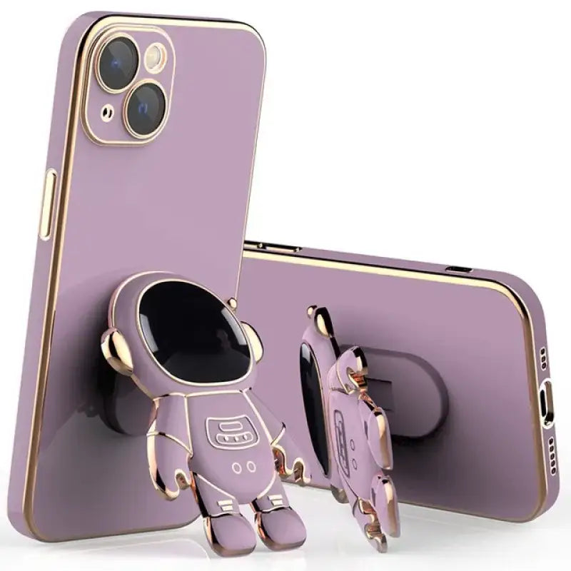 a purple phone case with a gold phone holder