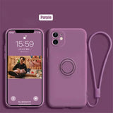 the purple case is shown with a phone and a phone strap
