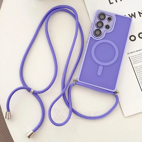 Purple phone case with lanyard.