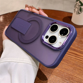 Purple phone case with magnetic stand.