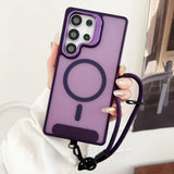 Purple phone case with a magnetic ring and a lanyard.