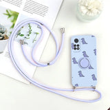purple phone case with a strap and a flower on a table