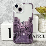a purple phone case with a street scene