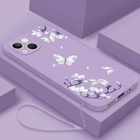 A purple phone case with white flowers on it