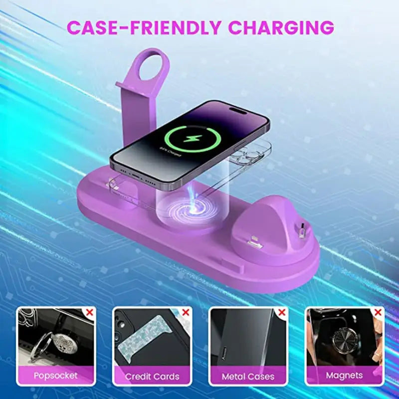 a purple phone holder with a phone in it