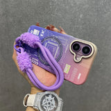 Purple and pink phone case with strap.