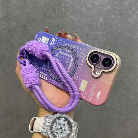 Purple and pink phone case with strap.