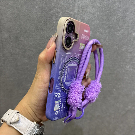 Purple and pink phone case with a fuzzy strap.