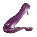 a purple plastic shoe with a metal handle