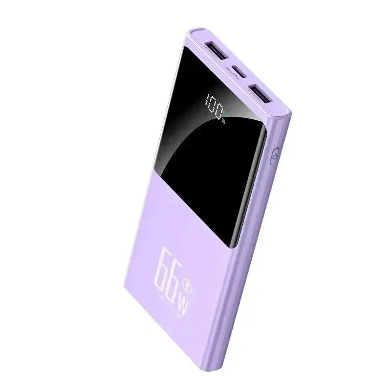 a purple power bank with a black battery