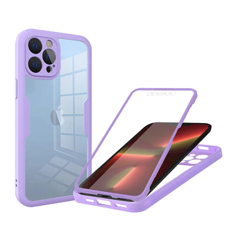 Purple protective case for an iPhone, featuring a clear back panel and a front cover that flips open.