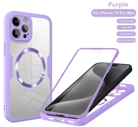 Purple protective case for iPhone 15 Pro Max with a clear back panel and magnetic ring.