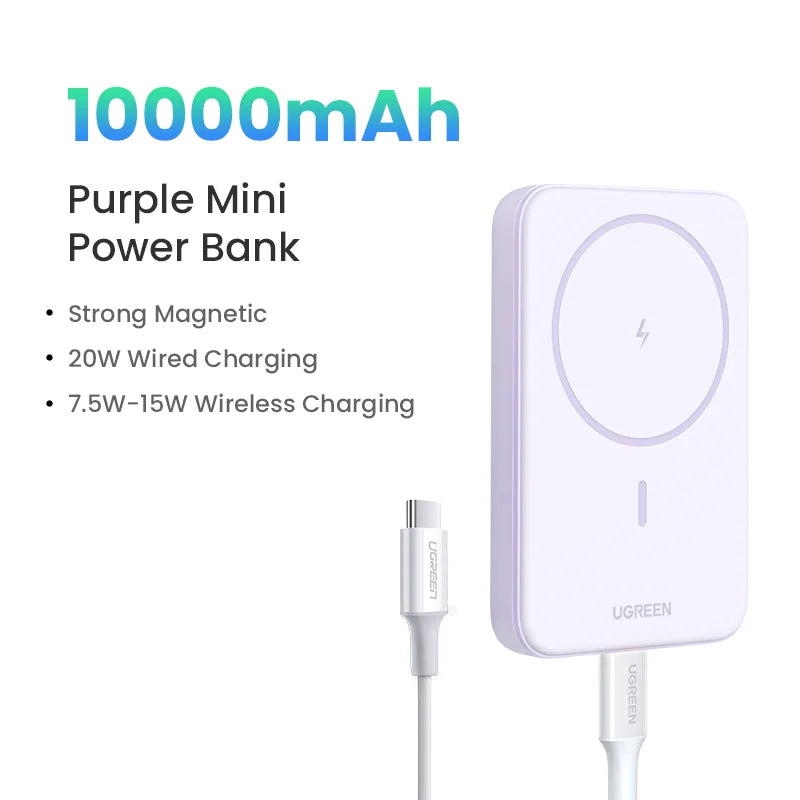 Purple rectangular power bank with magnetic wireless charging capability and a connected charging cable.