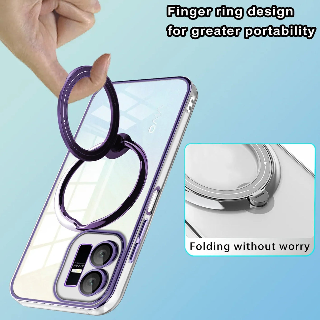 Purple ring-shaped phone accessory attached to the back of a smartphone.