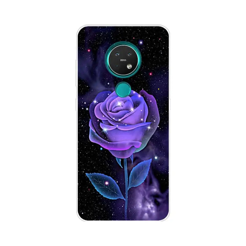 a purple rose with stars and a green ring on it