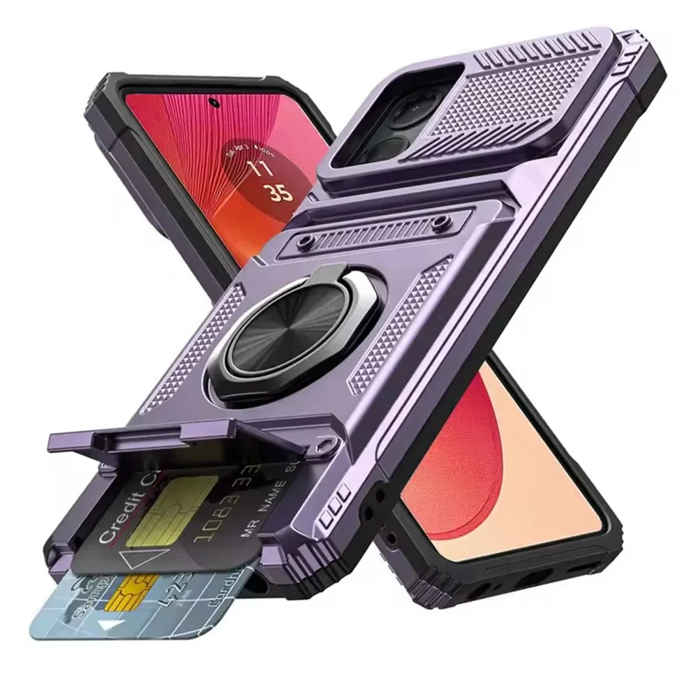 Purple rugged phone case with a kickstand, credit card slot, and a ring holder.