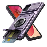 Purple rugged phone case with a kickstand, credit card slot, and a ring holder.