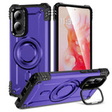 Purple rugged phone case with a kickstand and ring holder.