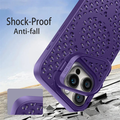 Purple shock-proof and anti-fall protective case for a smartphone with a triple camera setup.