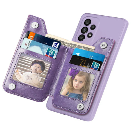 Purple smartphone case with attached wallet compartments for cards, cash, and photos.