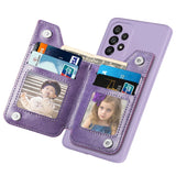 Purple smartphone case with attached wallet compartments for cards, cash, and photos.