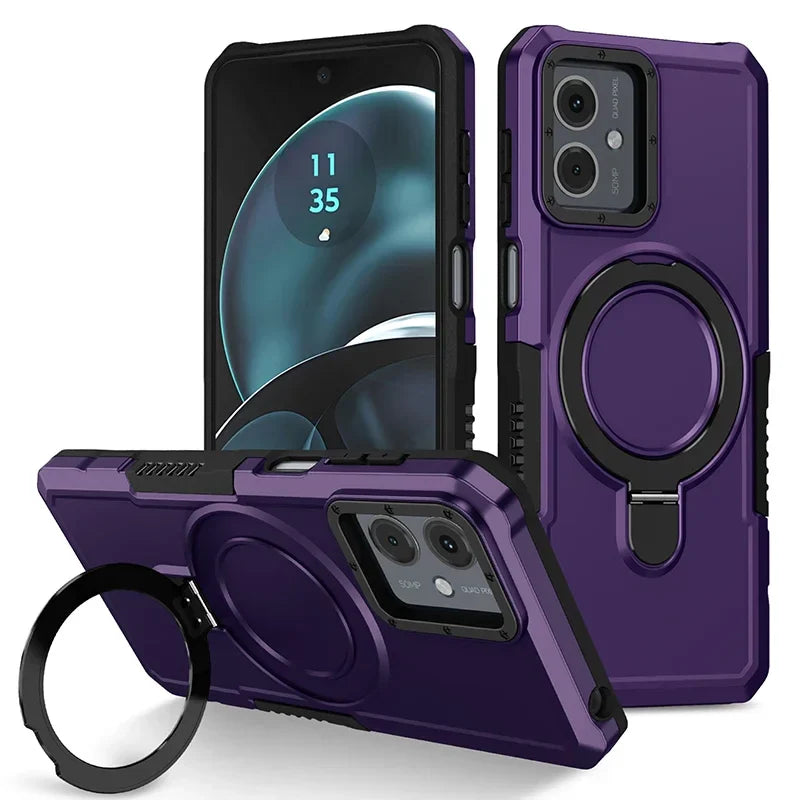 Purple smartphone case with a built-in ring holder and dual camera cutout.