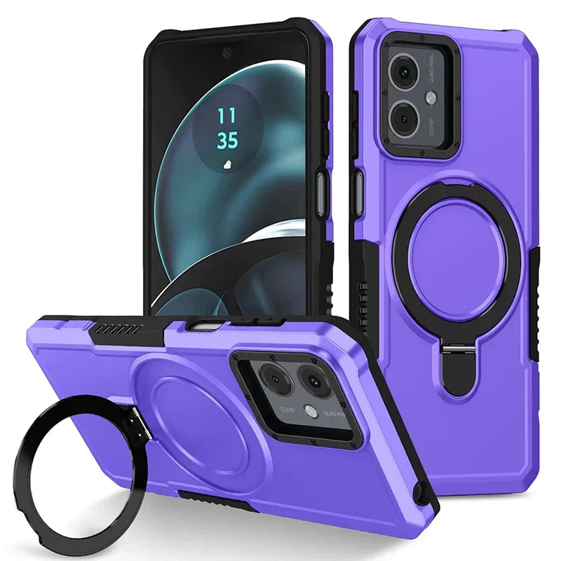 Purple smartphone case with a built-in ring holder and dual camera cutout.