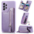 Purple smartphone case with a built-in wallet and zipper pocket.