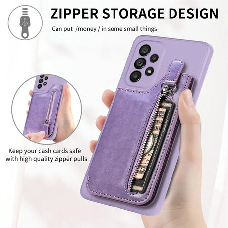 Purple smartphone case with a built-in zippered storage compartment.