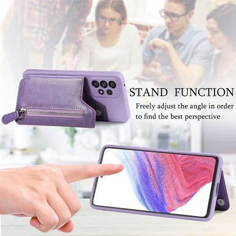 Purple smartphone case with a built-in stand function and zipper pocket.