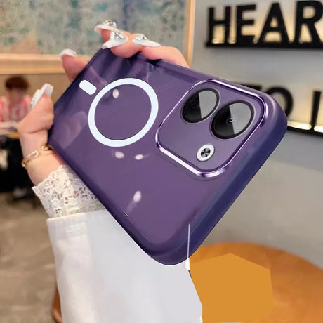 Purple smartphone case with a camera-shaped design on the back.