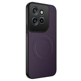 Purple smartphone case with a carbon fiber texture and a large camera cutout.