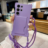 Purple smartphone case with a card slot and an attached lanyard.
