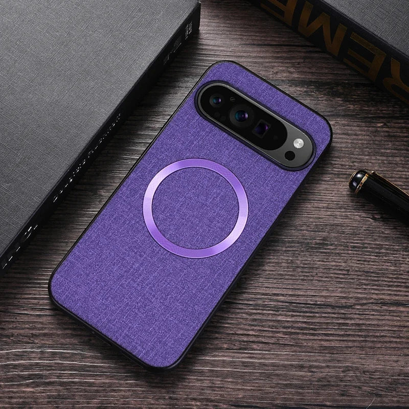 Purple smartphone case with a circular design and visible camera cutout.