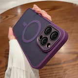 Purple smartphone case with a circular design and triple camera cutout.